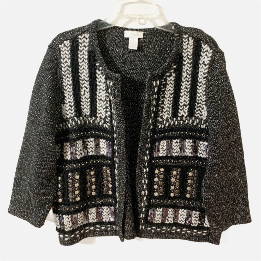 Chico's Crop Embellished Open Cardigan Sweater Beads Sequins 3/4 Sleeve Metallic